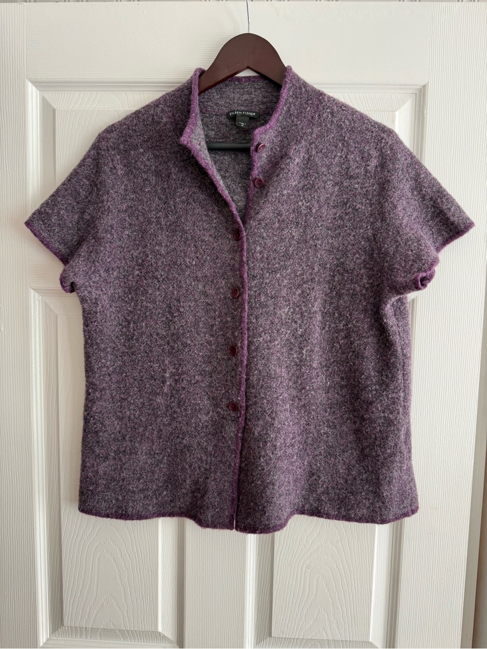 Eileen Fisher Heathered Purple Short-Sleeve Wool alpaca Button-Up Top